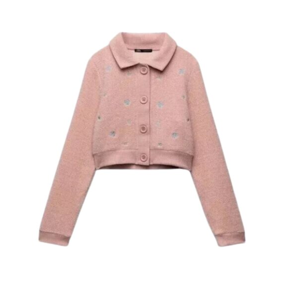 Zara Women Pink Embroidered Cropped Cardigan Button Up Knit Sweater Trendy - Picture 1 of 10